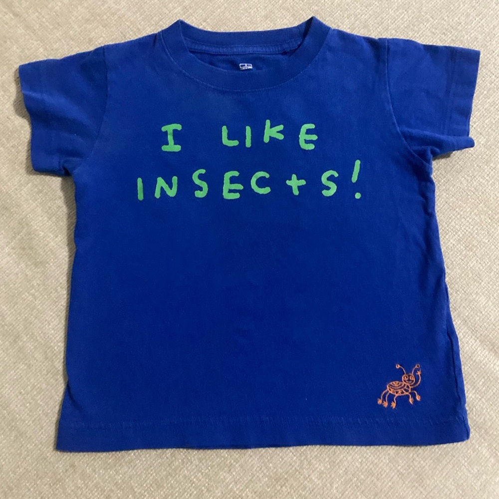 Jason Polan x Uniqlo Blue Kids Tee with Green Text and Orange Insect